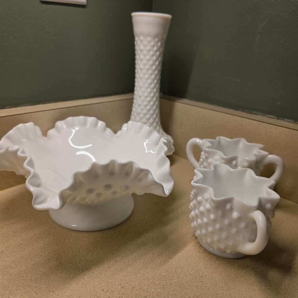 Starter Collection: Vintage Fenton Hobnail Milk Glass Bowl, Creamer, Sugar, Vase